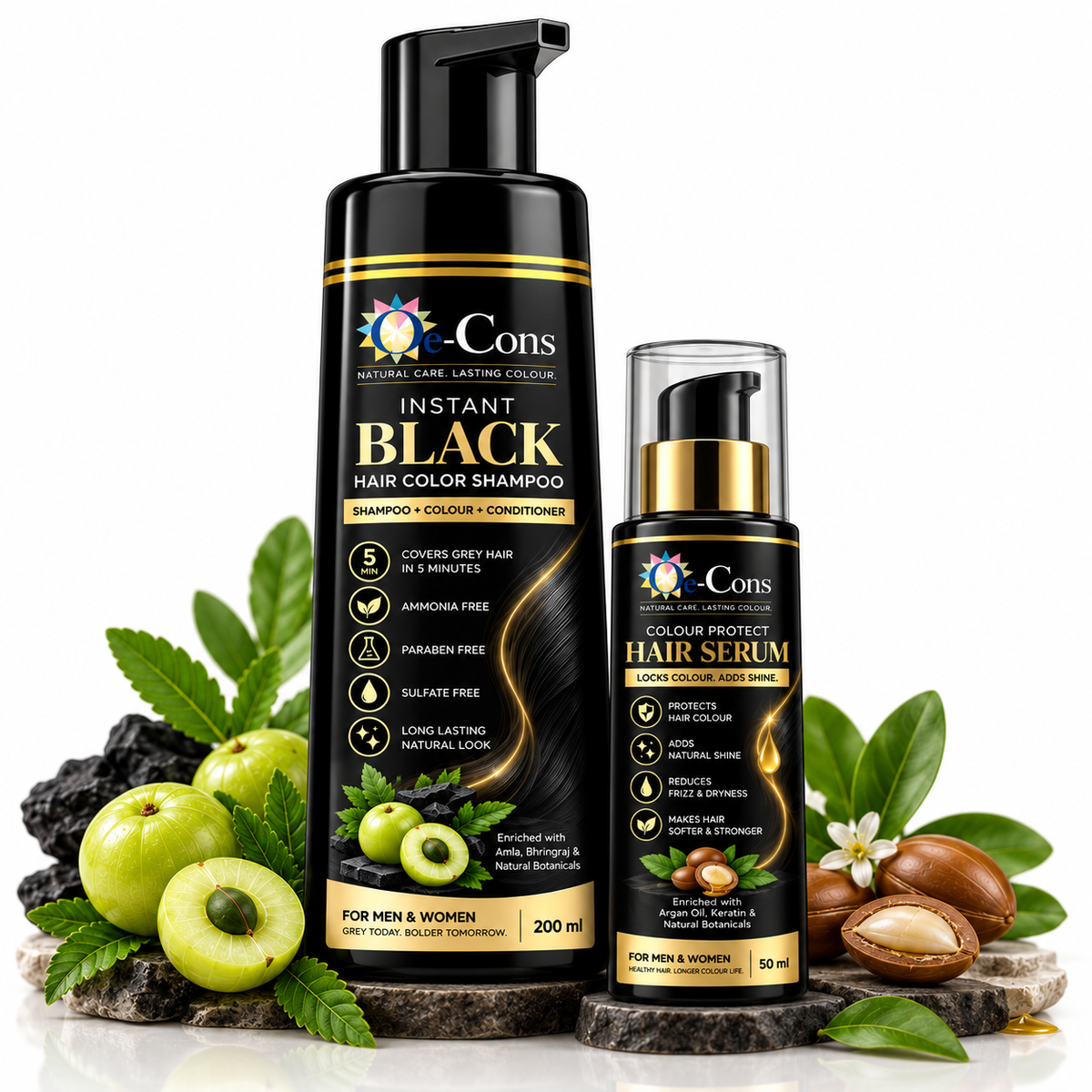 Oecons Instant Black Hair Color Shampoo + Color Protect hair Serum